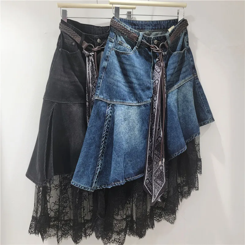 

Women Denim Skirts Mid Length Fishtail Skirt A Line Slim Fit Irregular Button Elegant Splice Lace Sexy Y2k Streetwear Work 2025