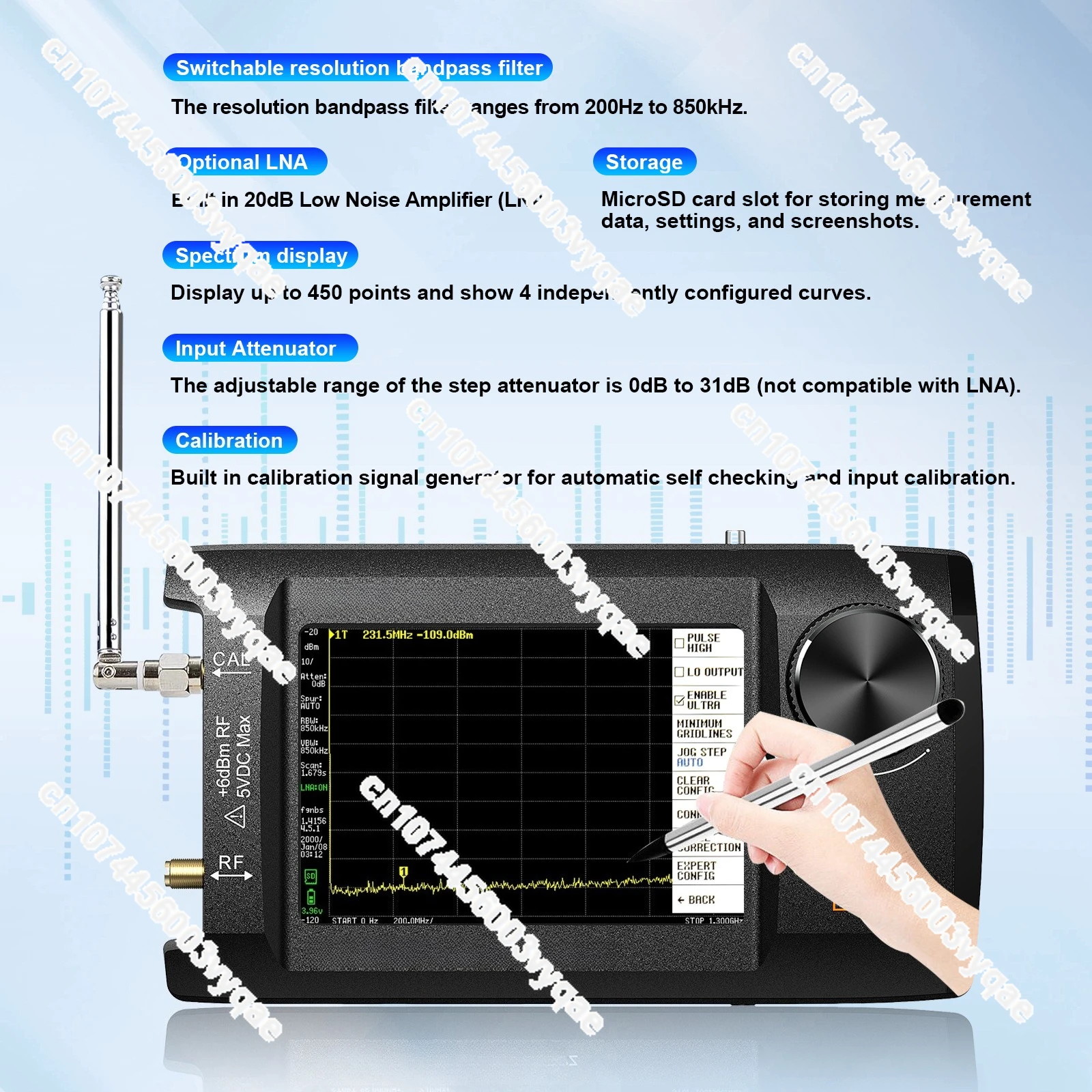 Suitable for 4-inch IPS LCD SA5 multi-function handheld spectrum analyzer 100k-5.3GHz signal generator