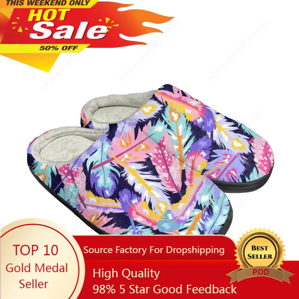 

Домашние хлопковые тапочки с принтом перьев на заказ, мужские и женские плюшевые тапочки высокого качества для подростков, модная повседневная теплая обувь, термотапочки