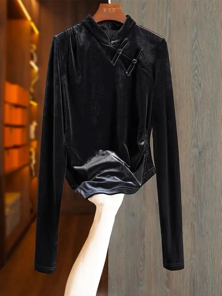 New Spring Autunm velour blouse large Size tops 7XL 8XL Chinese Elegant Vintage Stand Collar Irregular Gold Velvet shirts