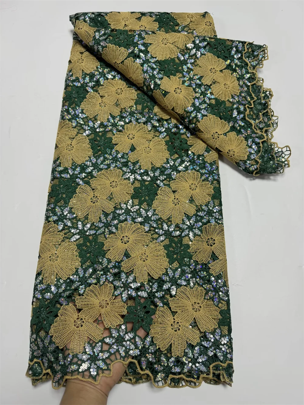 

African Lace Fabric ,Green Guipure Lace ,French Lace Embroidery ,Cord Lace Fabrics ,5 Yards