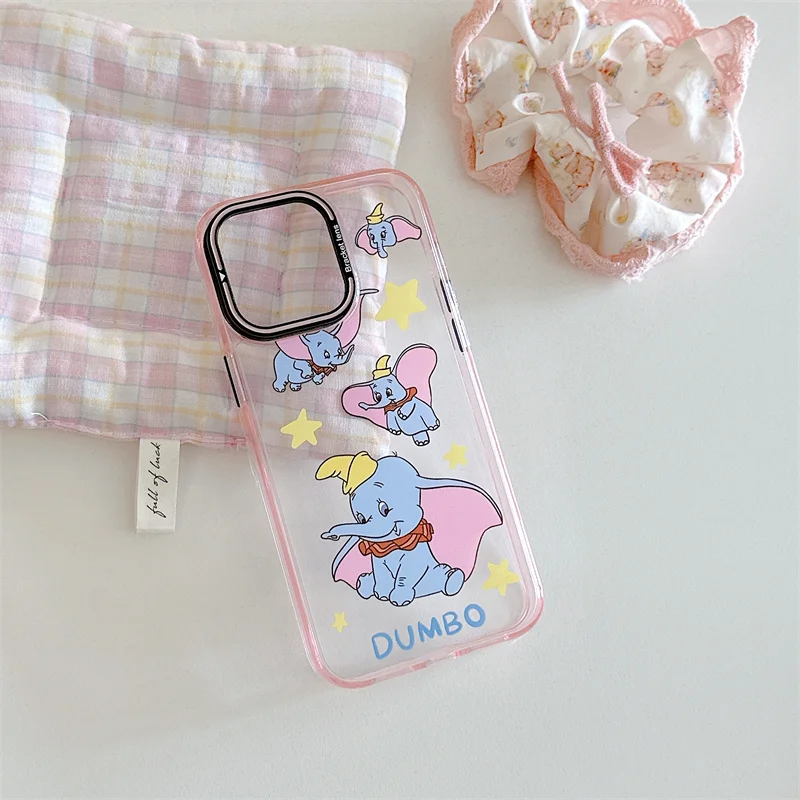 디즈니 귀여운 핑크 만화 재미있는 덤보 코끼리 전화 케이스, 아이폰 13 14 15 프로 맥스 렌즈 보호 접이식 스텔스 브래킷 커버