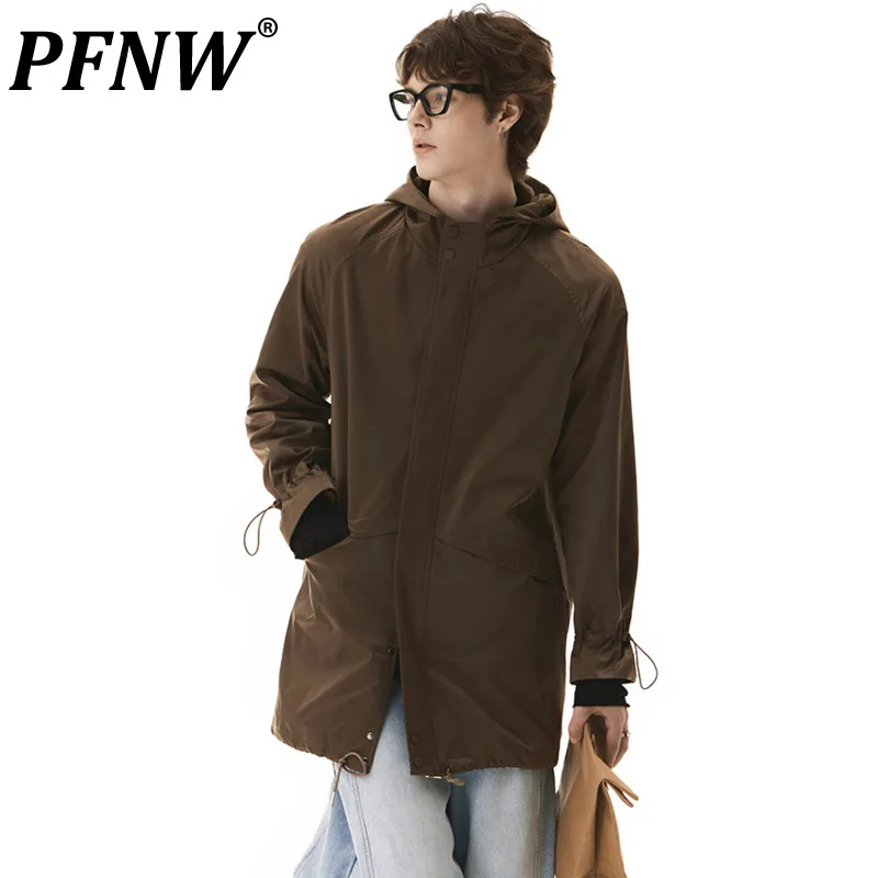 

PFNW Hooded Long Trench Coat Male Lapel Long Sleeve Loose Casual Windbreaker 2024 Autumn New Chic Menwear Clothing 28W4088