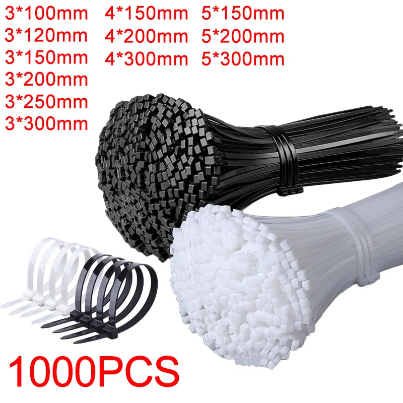 

1000Pcs Self-locking White Black Plastic Nylon Zip Ties Fastening Ring Nylon Cable Tie Clamp strap with lock Loop Wire Wrap