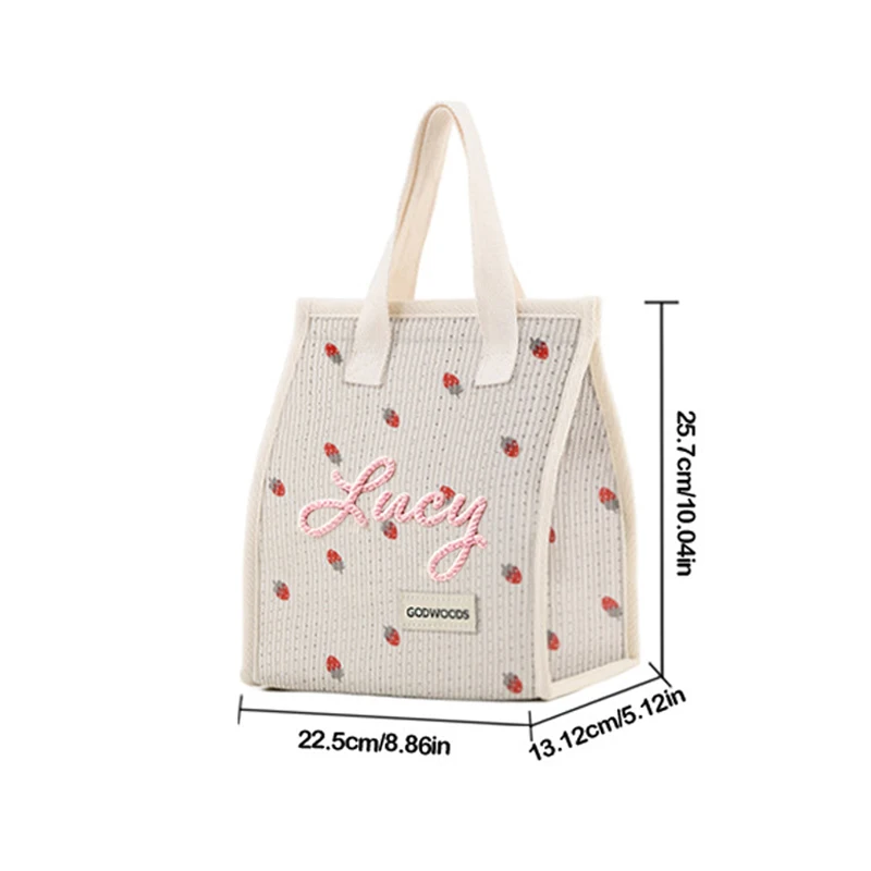 Personalized Custom Name Lunch Bag Chenille Embroidery Insulated Cooler Tote Bag Floral Heart Star Pattern Reusable Food Handbag