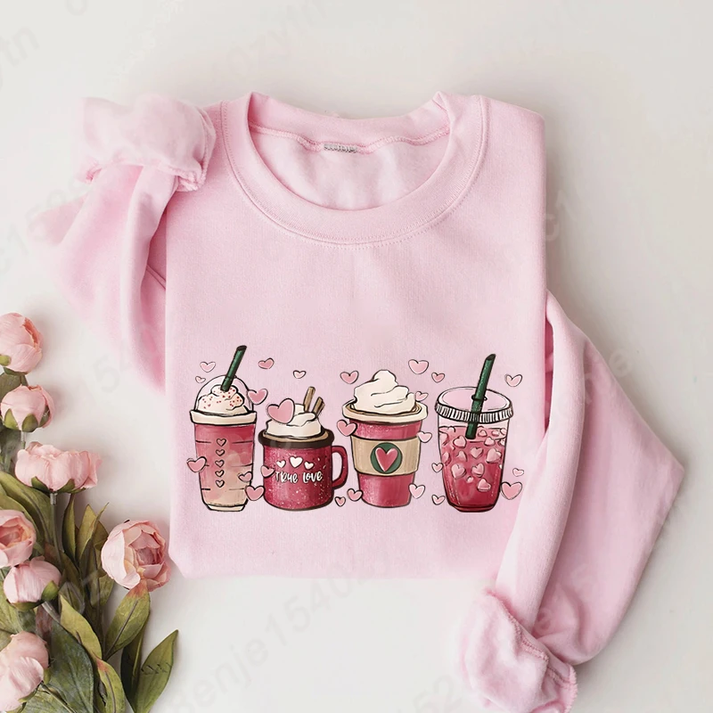 

Women Oversized Sweatshirts, Valentines Coffee Print Crew Neck Casual Sweatshirt, Valentine's Day Print Women's Clothing