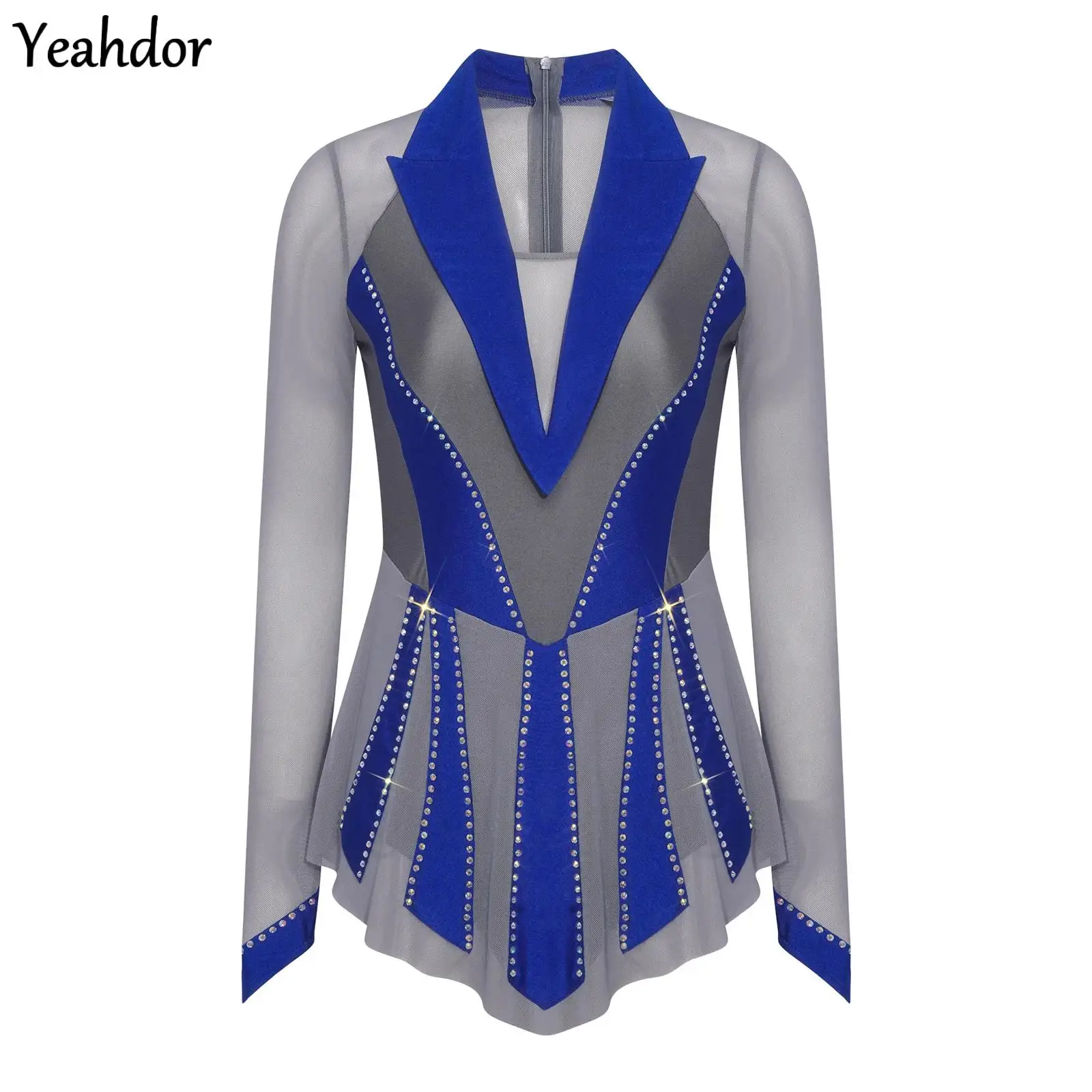 

Women Glittery Rhinestone Lyrical Dance Costume Figure Ice Skating Dress Sheer Mesh Ruffle Ballet Gymnastics Leotard Bodysuit