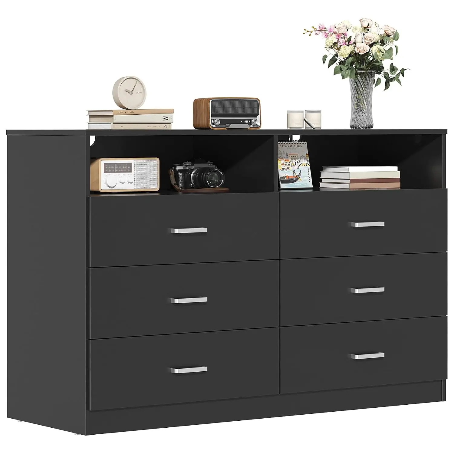 6 Drawers Dresser for Bedroom with Open Storage Cubby, Double Wide Dresser Organizer for Bedroom, Living Room, Entryway, Hallway