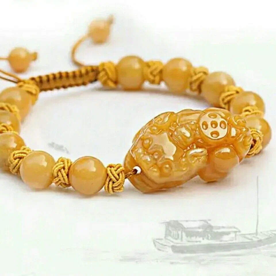 Colgante de pulsera de Jade Pixiu de seda dorada para hombre, regalo Natural, talismanes de lujo, regalos para mujeres, joyería Real, collar de