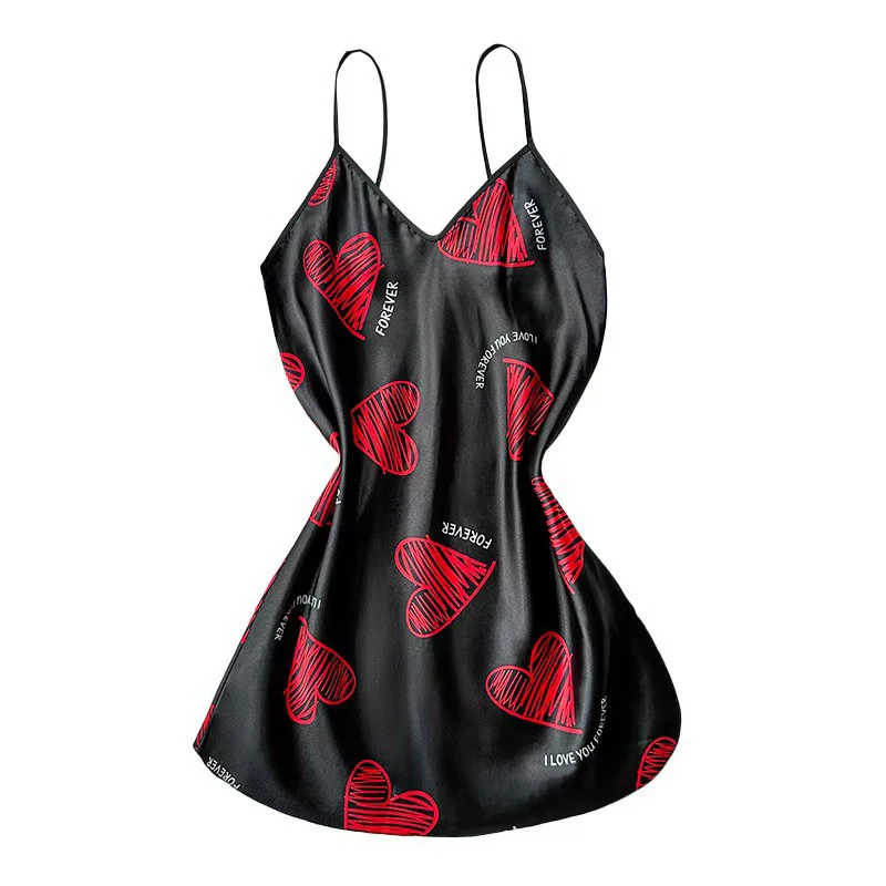 

Красное атласное мини-платье-комбинация с принтом губ, V-образным вырезом и открытой спиной, женская ночная сорочка