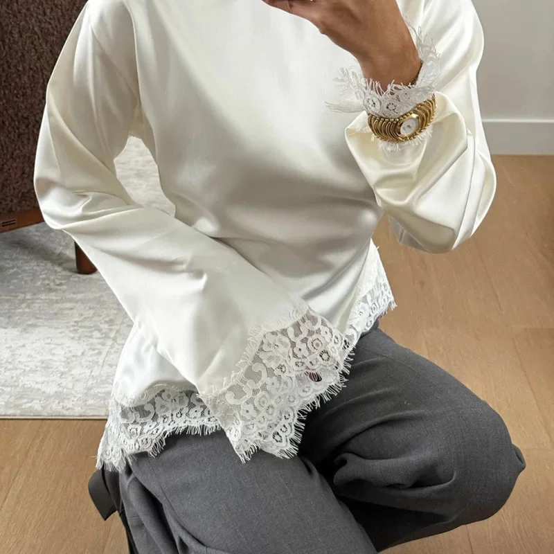 Women Long Sleeve Lace Blouse White Crew Neck Pullover Shirt Asymmetric Hem Elegant Spring Summer Office Commuter Casual Wear