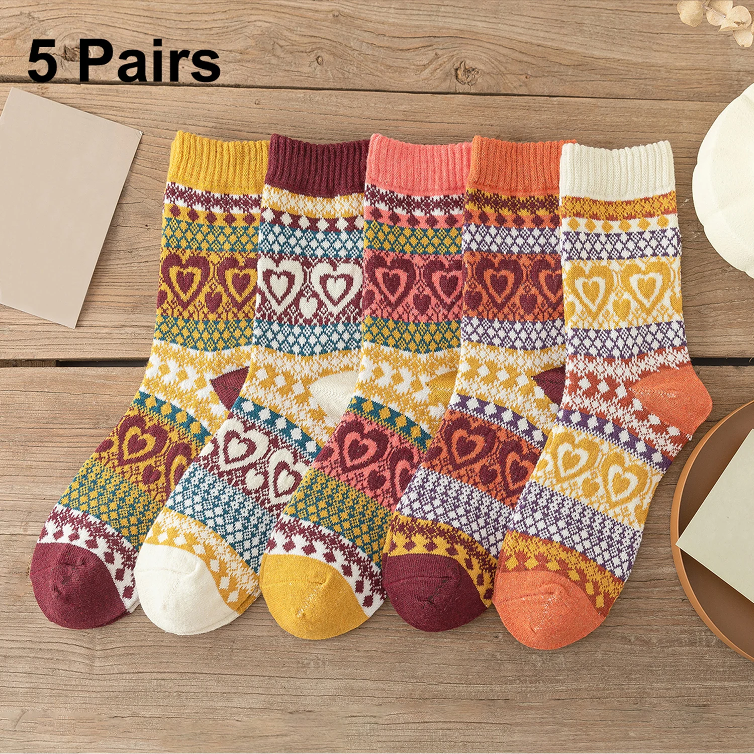 5 Pairs New Women Thick Winter Warm Wool Socks Man Retro Style Dot Wave Pattern Couple Models Free Size