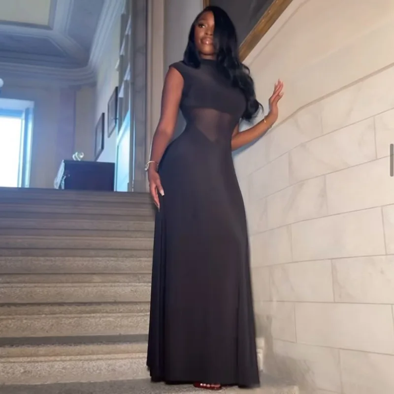 DSMTRC Coltrui Mouwloze Sexy Slanke Maxi Jurk Vrouwen Jurk Elegante Patchwork Mesh Sheer Bodycon Club Party Zwarte Lange Jurken