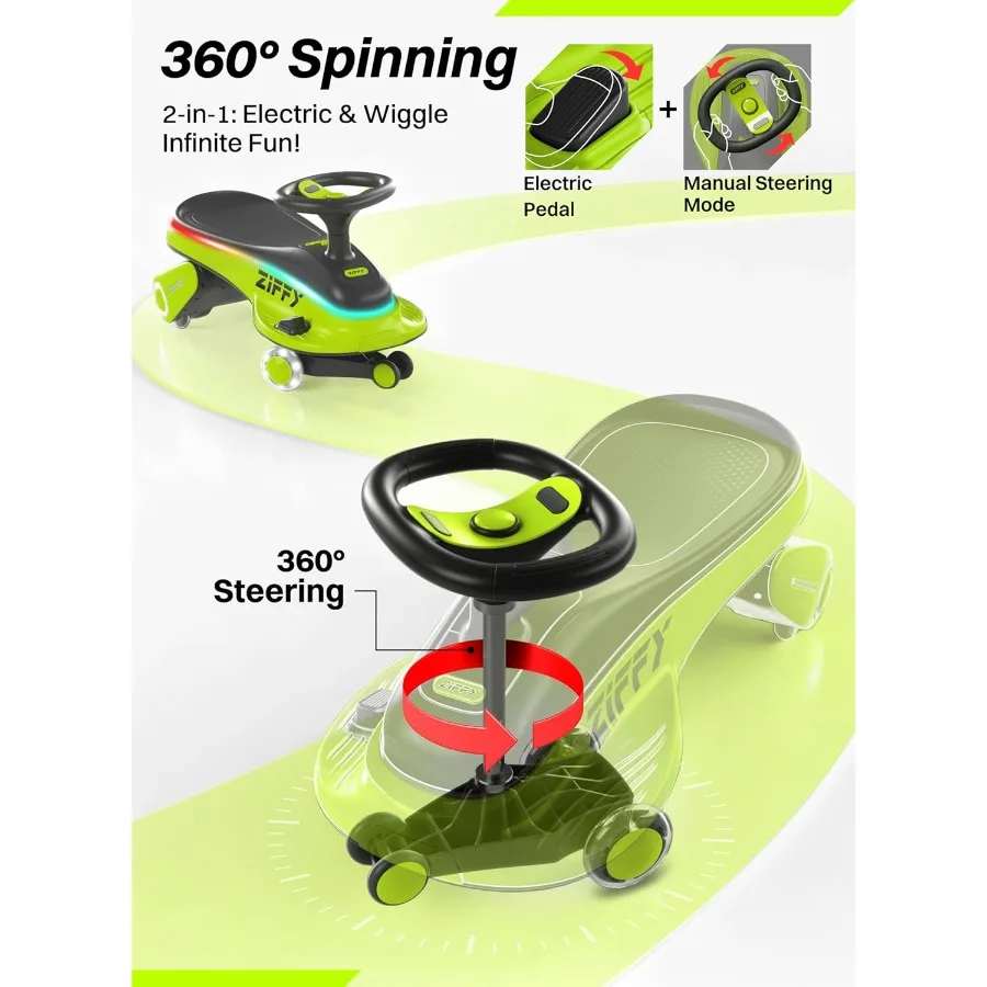 Carro de oscilação elétrico 6V 5,5A com pedal, iluminado, bateria recarregável, carro de balanço 2 em 1, brinquedo de passeio de 2 velocidades, anti-rolamento, Fl