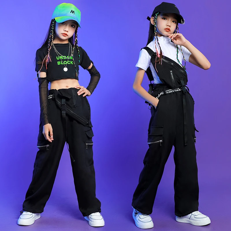 Hip Hop Clothing Tank Crop Tshirt Tops Cargo Overalls Pants For Teenage Girs Jazz Dance wear Costume Kids Rave Clothes Kids Kpop