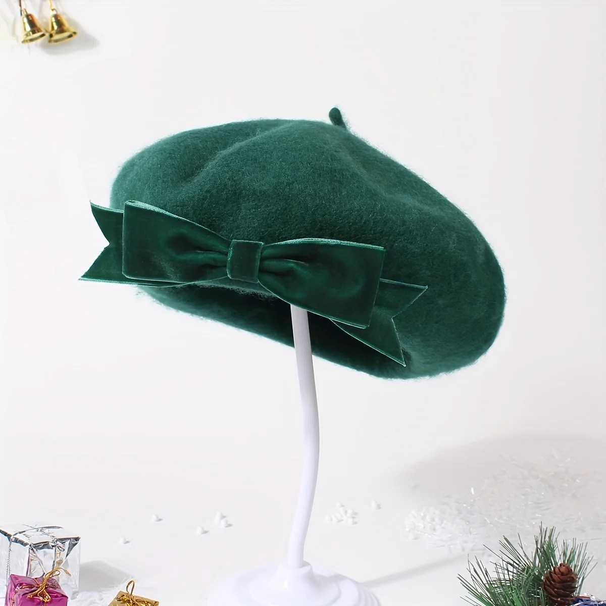 Elegante dunkelgrüne Baskenmütze aus Wolle mit großer Schleife, Vintage-inspirierte Malermütze für Damen, perfekt für Partys, trendige Outfits – Detail 1
