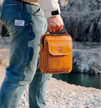 

Advanced Real leather boys square handbag crossbody Flip zipper retro multi-function large capacity travel shoulder bag