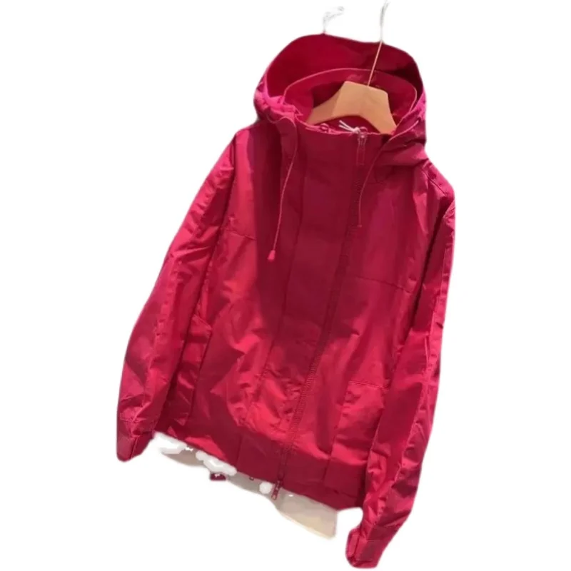 여성용 후드 더블 지퍼 오픈 카디건 작업복 재킷 윈드브레이커 긴 소매 레귤러 핏 폴리에스터 섬유 봄 외투