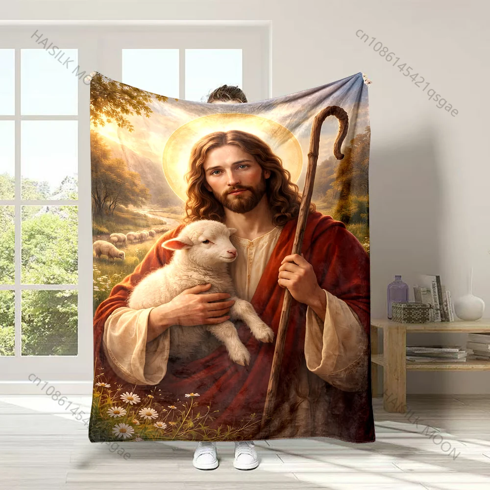 The Golden Halo of the Good Shepherd of Christianity Faith-printed Flannel Blanket Soft Warm for Home Travel Picnics Camping RV