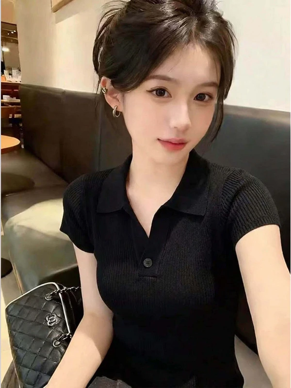 Slim Fit Grey Short Sleeve Knitted Shirt Casual Style Commute Versatile Top Button Placket Splice Design Breathable Skin-Frie...