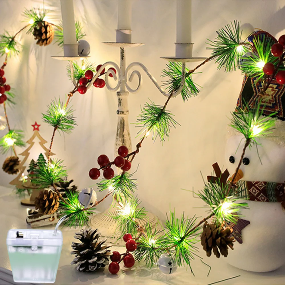 

2M20LED Christmas Rattan Fairy Battery Light String Pine Cone Bells Pine Needle Red Fruit Tree Vine Bedroom Wedding Party Decor