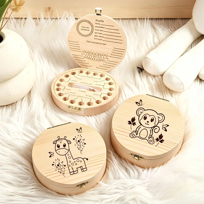 1PCS 2D Wooden Animal Theme Tooth Keepsake Box Wooden Storage Teeth Fetal Hair Commemorative Tooth Box Birthday Anniversary Gift