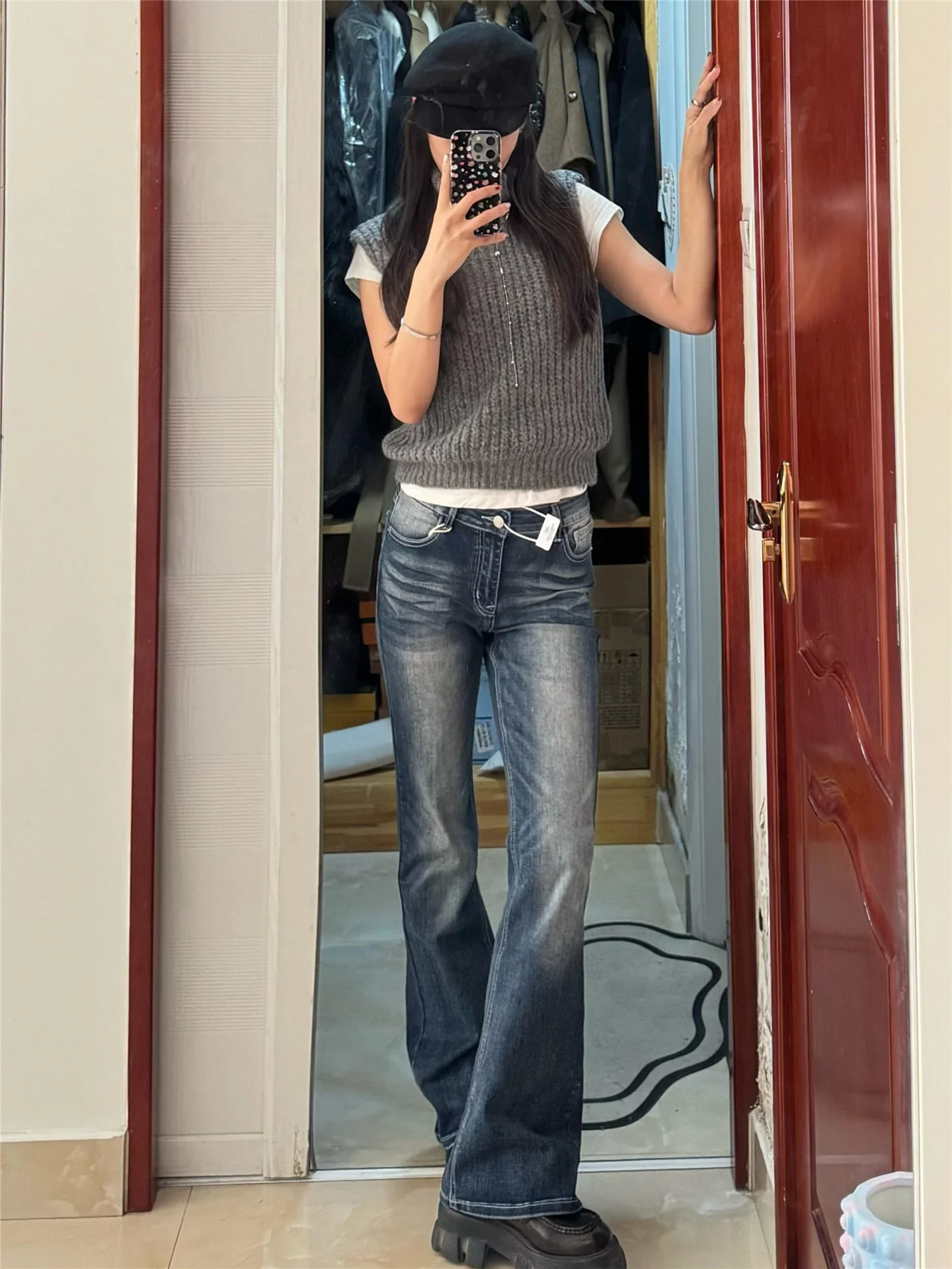 

Американские ретро-джинсы синего цвета, прямые, расклешенные, женские, весенне-осенние, утягивающие, длинные, в пол, повседневные, с низкой посадкой