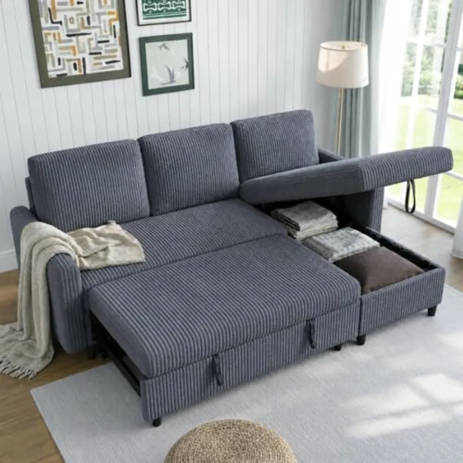 77" Sectional Sleeper Sofa with Pull Out Bed, Modern L-Shaped Corduroy Convertible Couch with Storage Chaise,Reversible Sofa Bed