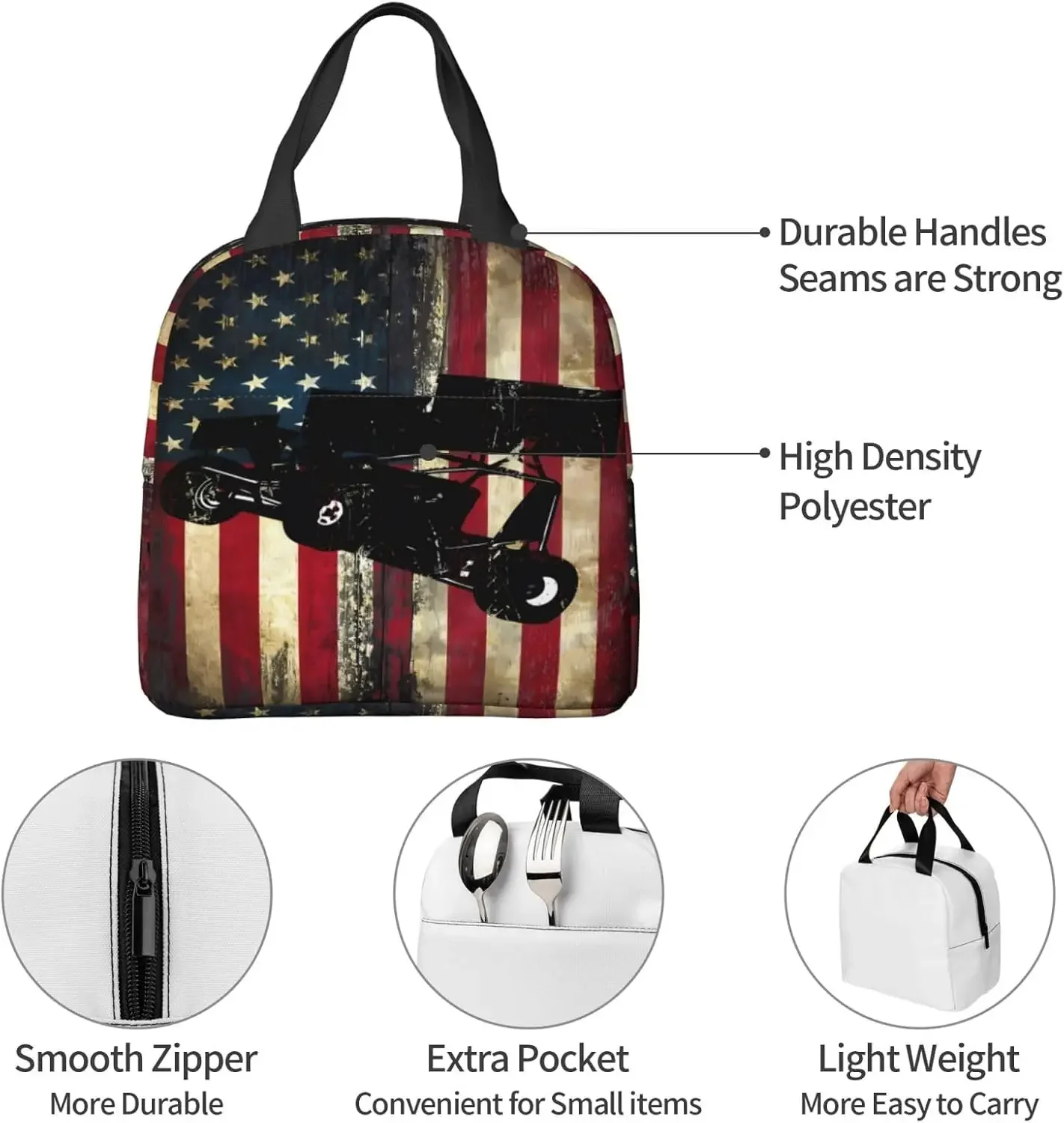 American Flag Sprint Car Dirt Track Racing Insulated Lunch Box Large Capacity Thermal Lunch Bag Cooler Lunch Meal Tote Bag