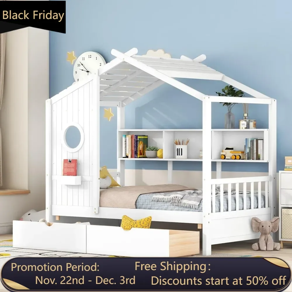 Twin House Bed with Storage Drawers & Bookcase, Montessori Bed Twin Platform Bed Frame with Rails & Roof, Solid Wood Playhouse