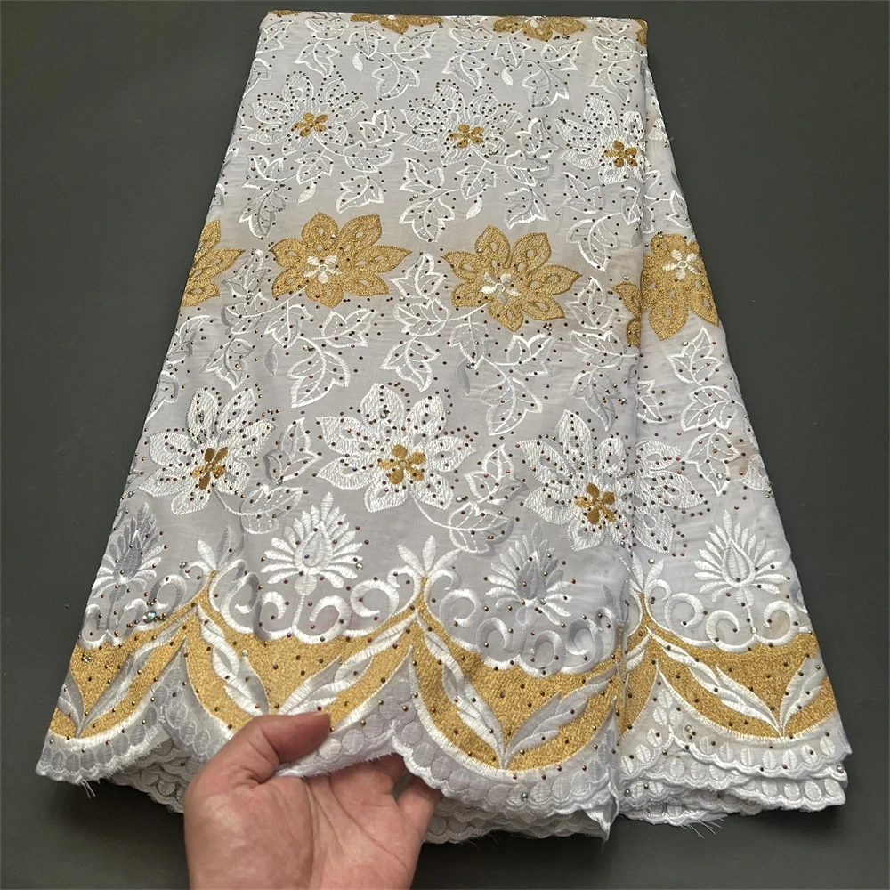 

LACE White Cotton Lace Fabric New Arrivals Swiss Voile Lace African Rhinestones Cotton Fabric For Women Evening Dresses hz1301