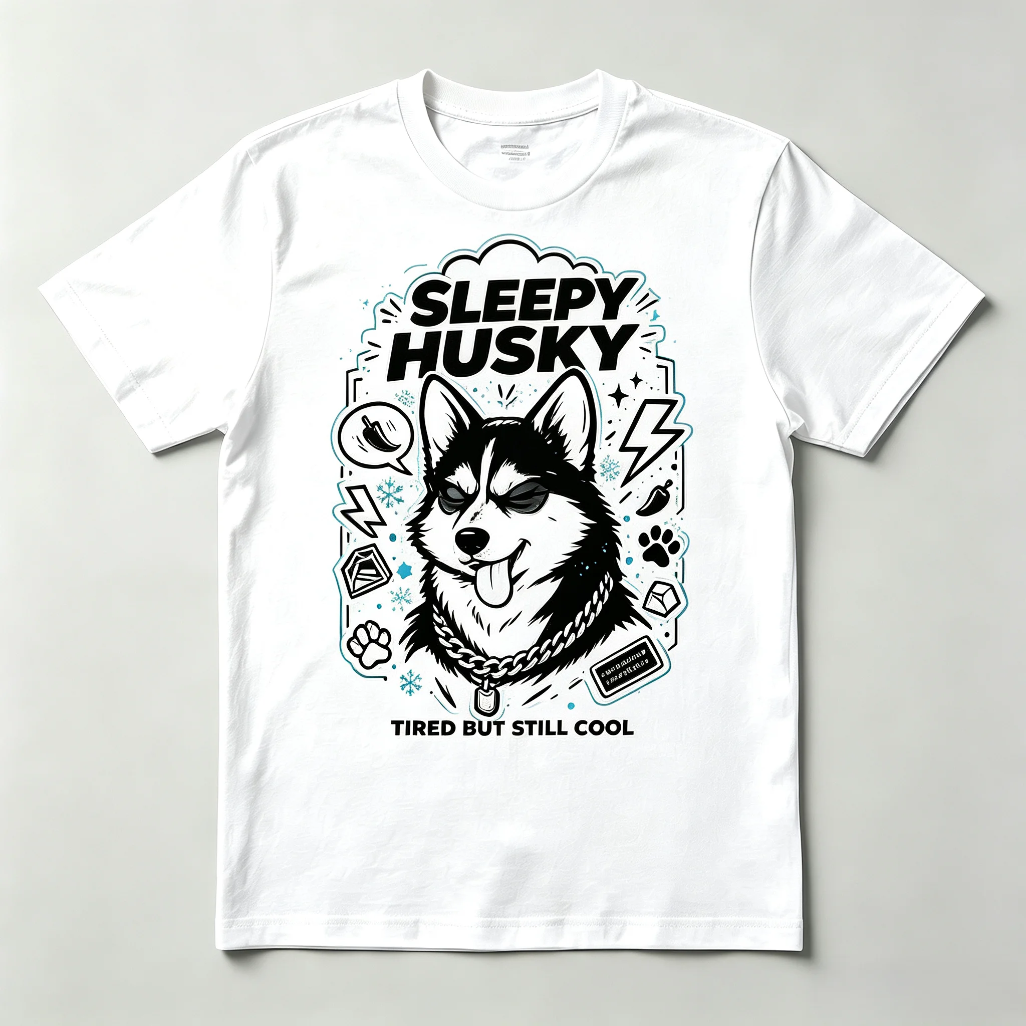 Unisex Sleepy Husky Siberian Husky Graphic T‑Shirt Tired But Still Cool Street Cartoon Print Short Sleeve Crewneck White Cotton Tees Tops For Men Women Pet Lover Gift