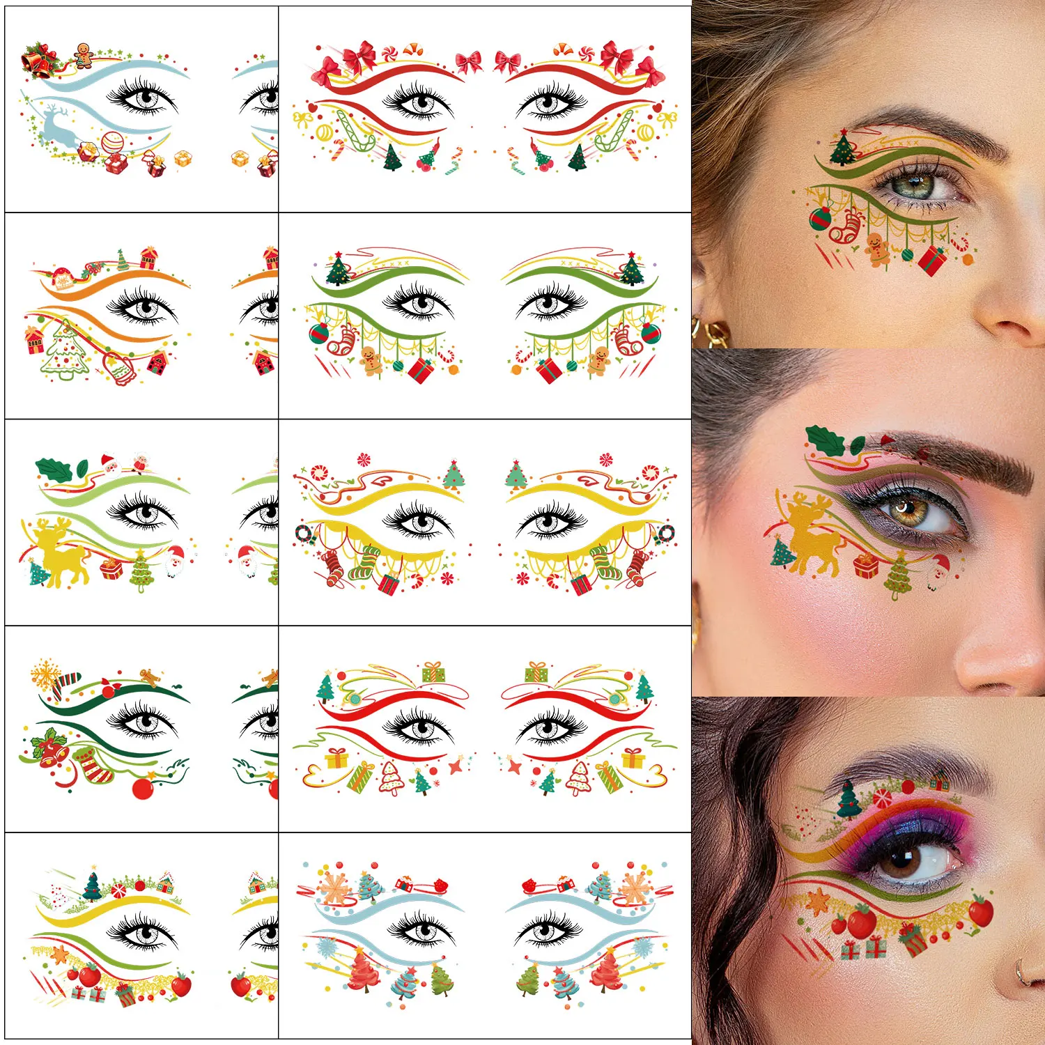 10 Christmas Eye Tattoo Stickers, Colorful Cartoon Christmas Tree, Christmas Stockings, Christmas Gift, Christmas Decoration Element Pattern Fake Tattoo Stickers, Waterproof Realistic Tattoo Stickers, Christmas Party Prom Face Makeup Temporary Tattoo Stickers