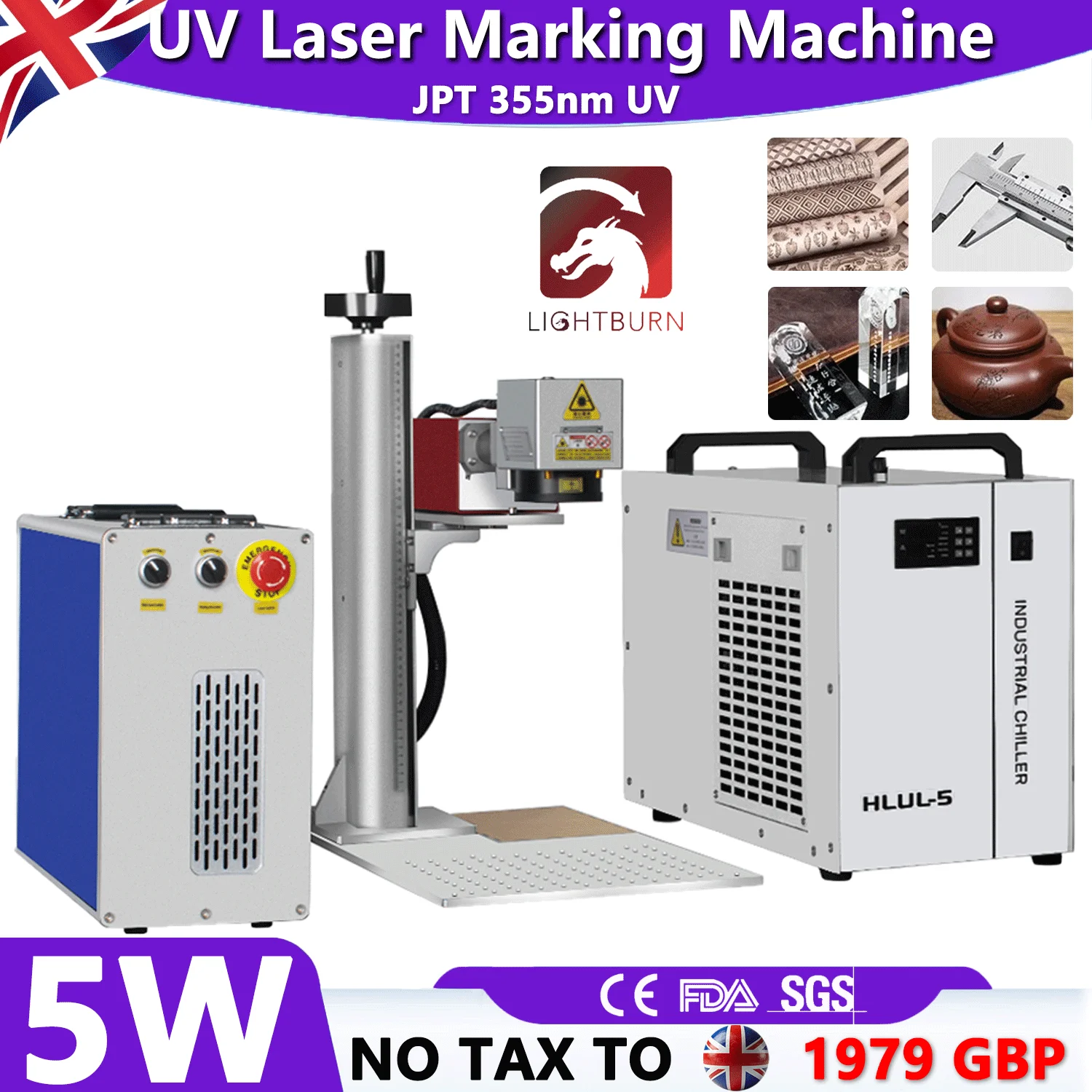 

5W JPT UV Laser Egraving Marking Machine 355nm Laser Maker Water Cooling for Glass Wood Acrylic Leather PVC Metal