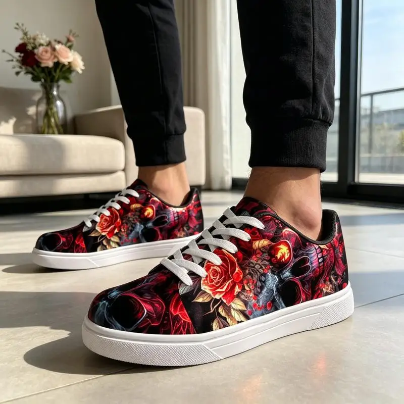Ladies Men's Road Running Shoes，Fashionable Skull and Rose Print，White casual sneakers，Comfortable outdoor sports shoes - view 4