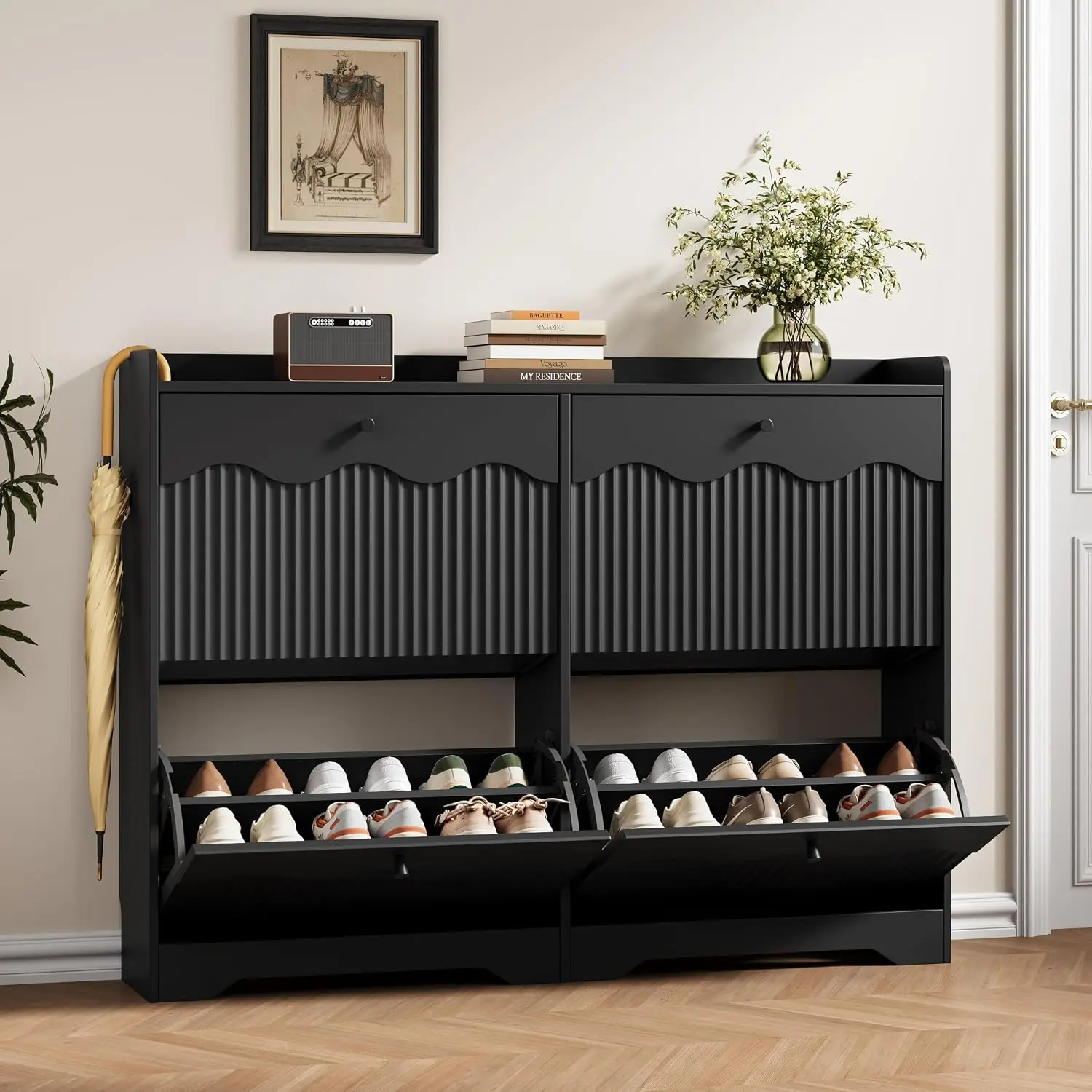 Shoe Cabinet Storage 4 Flip Drawers Entryway Black, Customized