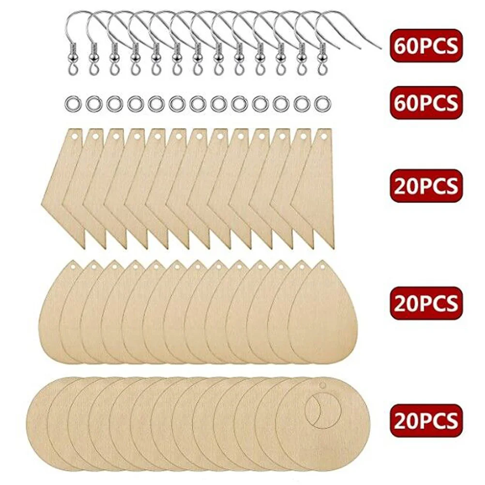 

60Pcs Wooden Blank Earring Pendants Unfinished Lightweight DIY Jewelry Making Accessories 3 Styles Hooks Jump Rings for Creative
