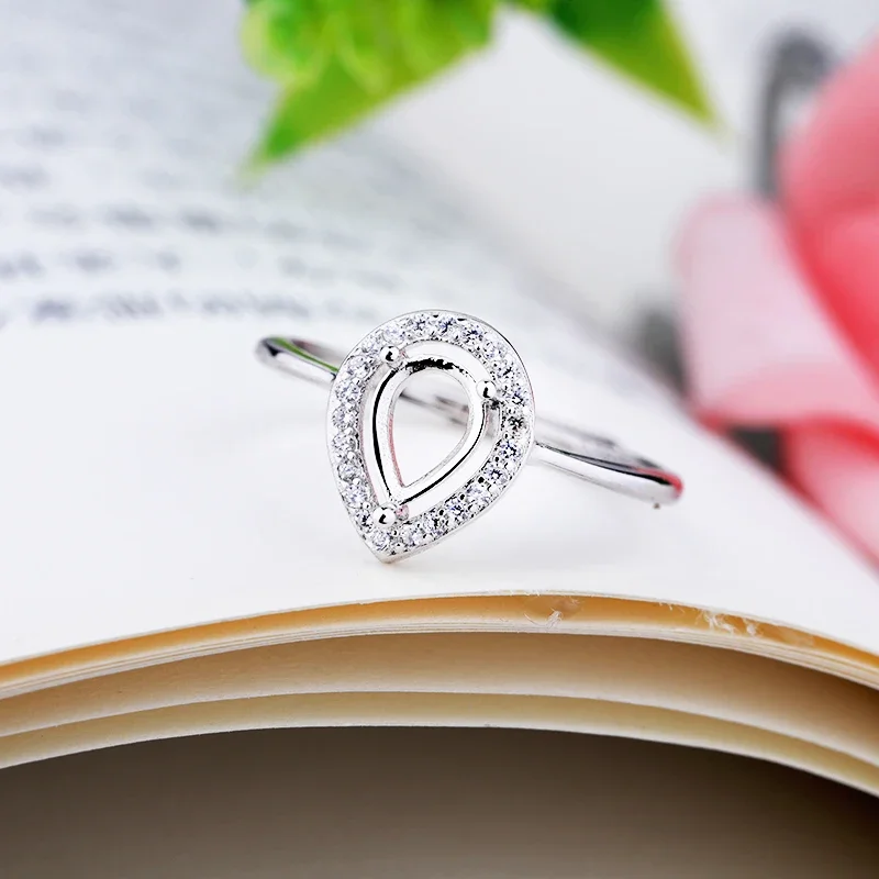 Sterling Silver 925 Women Engagement Wedding Ring 5x7mm Pear Cut Semi Mount Ring CZ White Gold Color