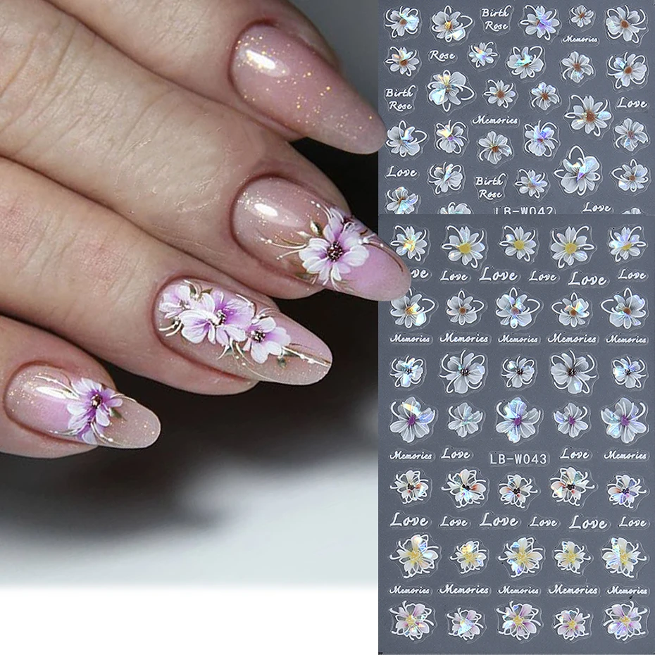 Laser Flowers 3D Nails Stickers Floral Holographic Fairy Aurora Shiny Blooming Flower Decals 2024 Cute Summer Nail Decor#LB-W042