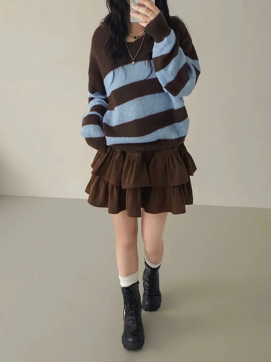 Retro Koreaanse Sle Hoge Taille A-lijn Rok Gezwollen Ruche Cake f Rok Ballet Afslanken Effect Unieke SEI Pendelen Sle