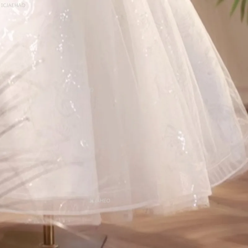 New Girls White Flower Girl Wedding Dress Children Middle Sleeve Puffy Performance Pageant Formal Princess Party Gown for Host view 6