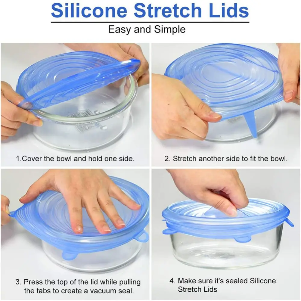 6PCS Silicone Stretch Lids Reusable Food Wrap Adaptable Microwave Bowl Lids Elastic Cover Pan Cooking Kitchen Accessories