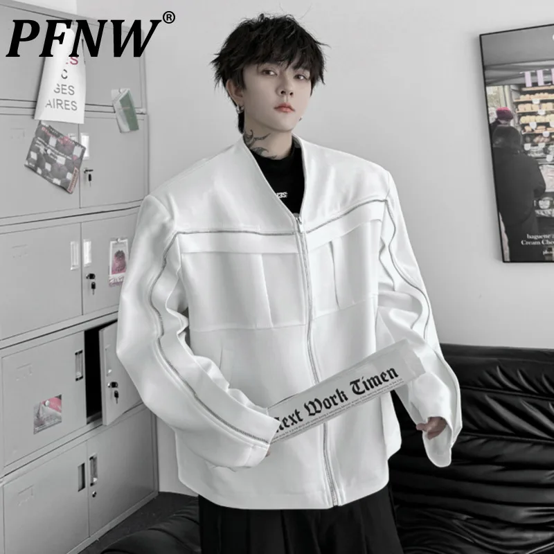 

PFNW Zipper Decoration Men's V-neck Jacket New High Street Long Sleeve Solid Color Casual Coats Male Autumn Tops Trendy 28W4537