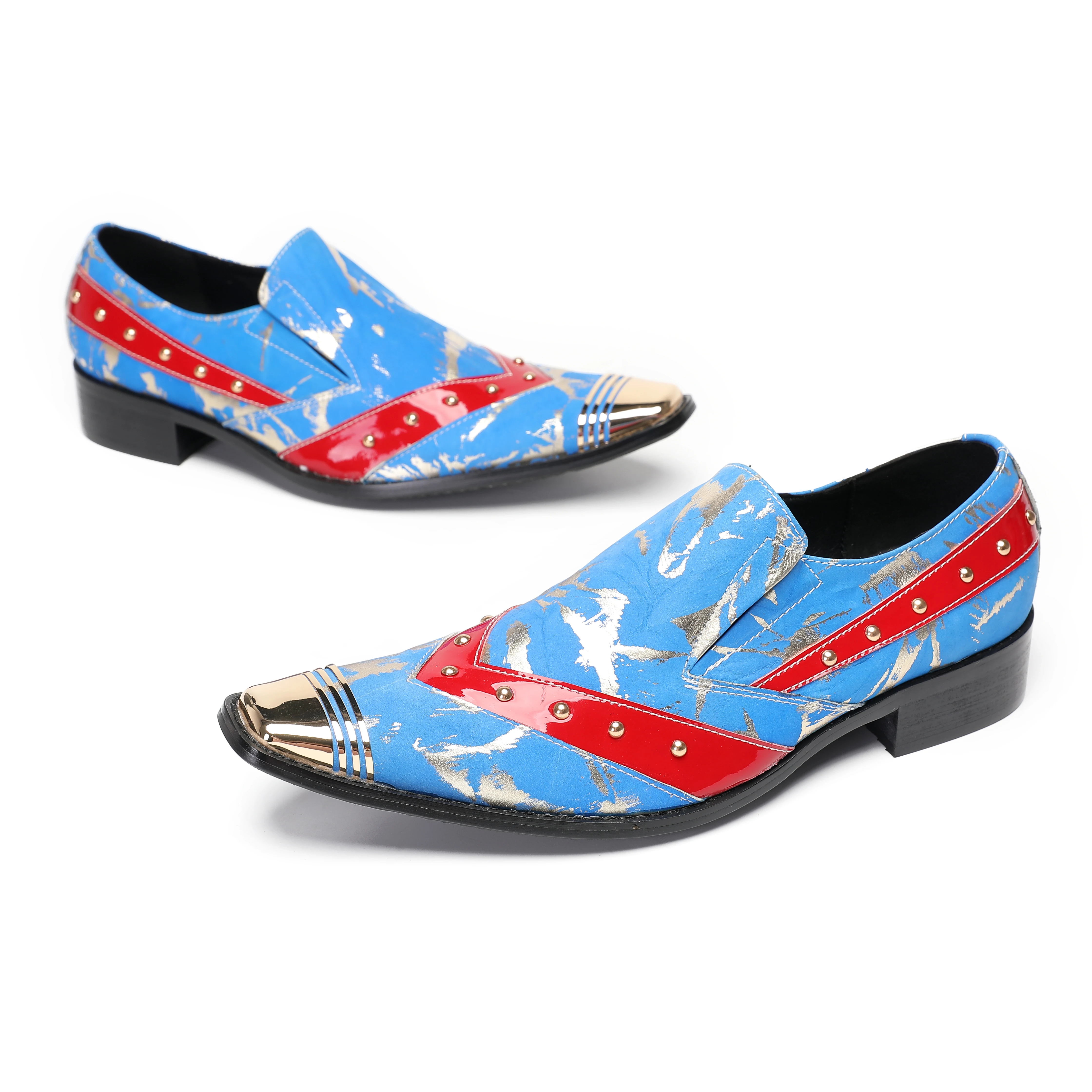 Man Formal Genuine Leather Dress Shoes Rivets Mixed Color Luxury Design Metal Pointed Toe Slip On Business Party Wedding Oxford