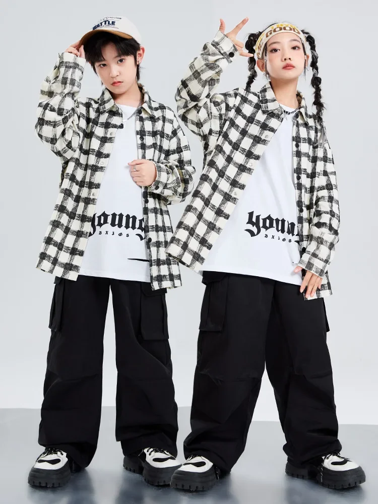Hip Hop Jungen Kariertes Hemd Cargo Hosen Mädchen K-pop Kleidung Jazz Dance Sets Kinder Streetwear Kinder Straße Kostüm
