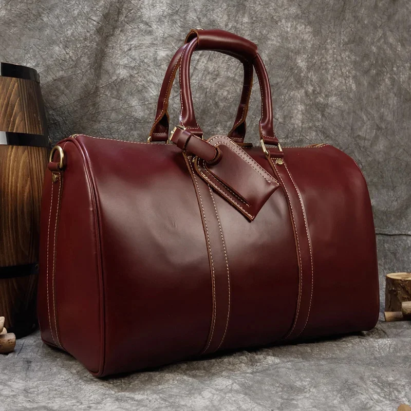 Brand Name Luxury Designer Genuine Leather Mens Travel Bag Wine Red Smooth Natural Cowskin Duffle For Male 2024 Latest Style