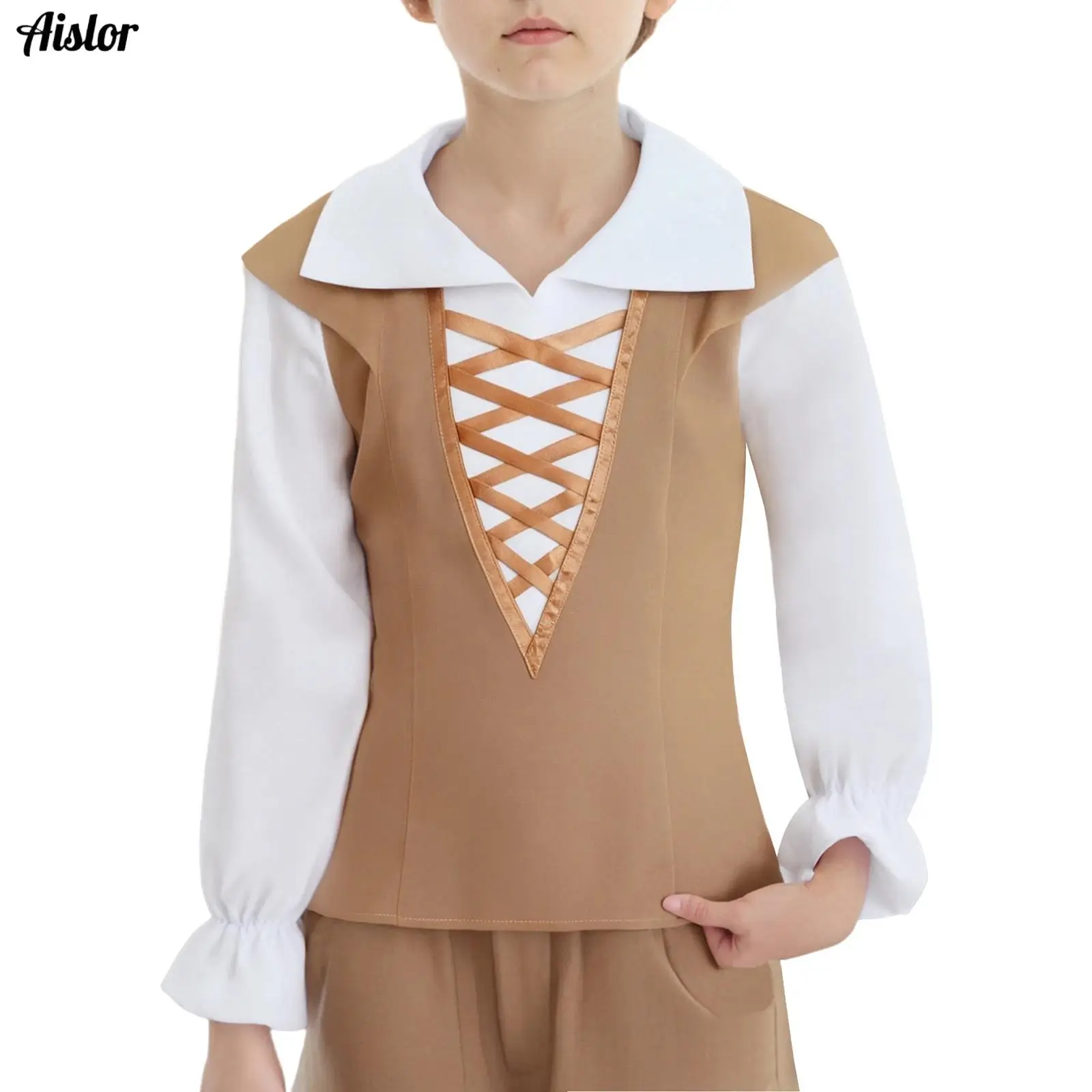 Kids Boys Shirt Renaissance Victorian Costume Ballet Dance Top Retro Long Sleeve Front Crisscross Color Block Patchwork Shirt