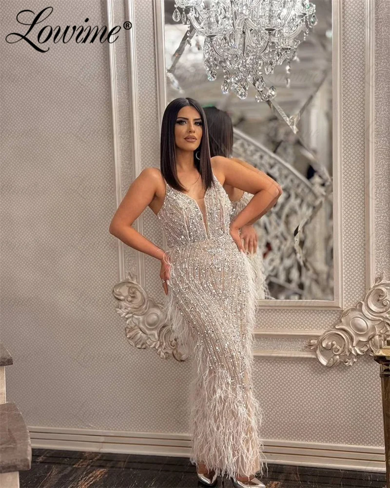 Feathers Arabic Party Dress Full Beading Crystals Evening Gowns Off White Spaghetti Straps Celebrity Dresses Luxury Prom Dress