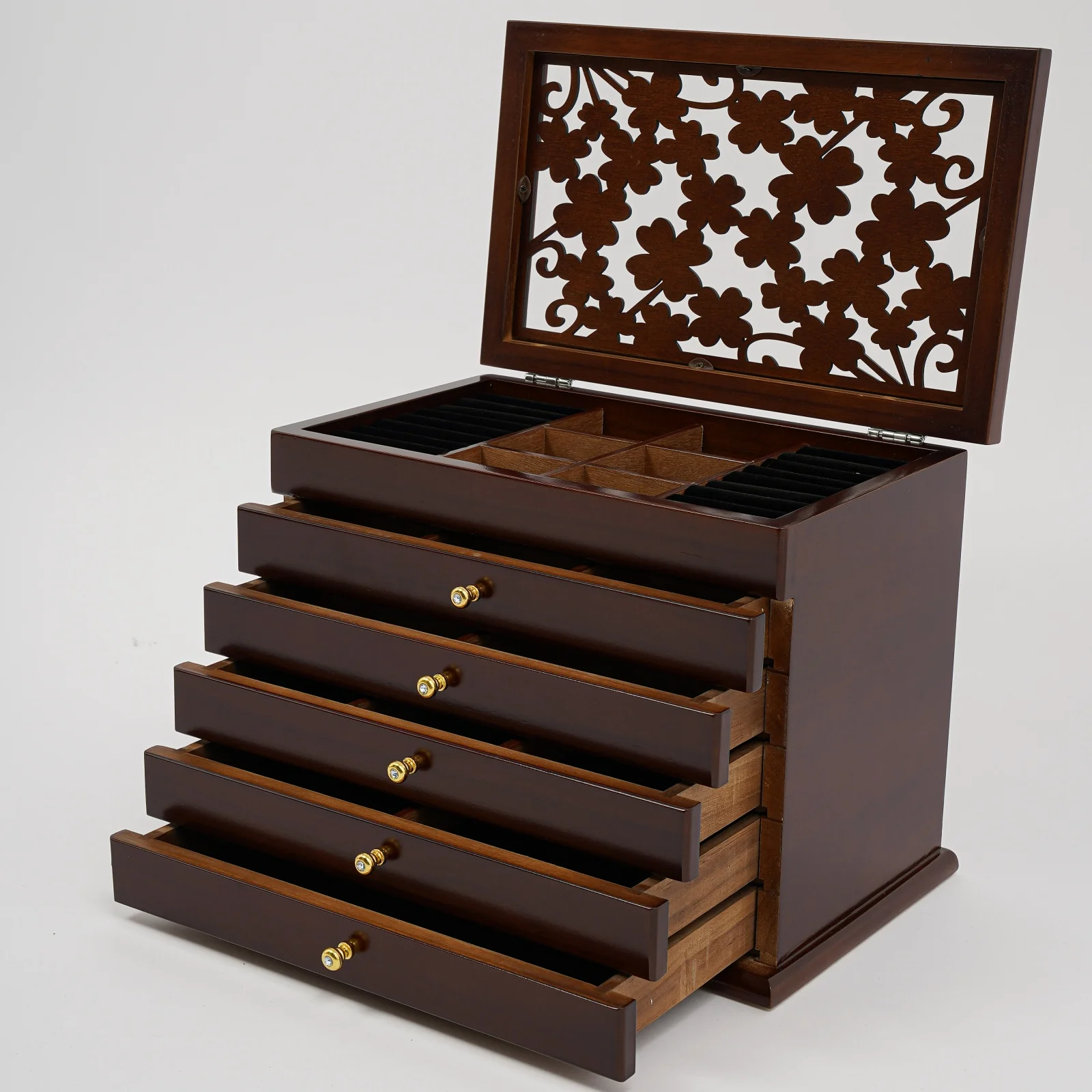 Multi-Layer 6 Tier Jewelry Storage Box Organizer Acrylic Wood Metal Construction Different Size Slots For Bracelet Brooch Cufflink Hair Clips Dust Cover Safe Round Edges Convenient Daily Cleaning Home Jewelry Management