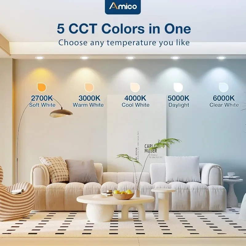 24 عبوة من إضاءة LED 5/6 بوصة 5CCT، قابلة للتعتيم، 12.5 واط = 100 واط، 950LM، 2700 كيلو/3000 كيلو/4000 كيلو/5000 كيلو/6000 كيلو قابلة للاختيار